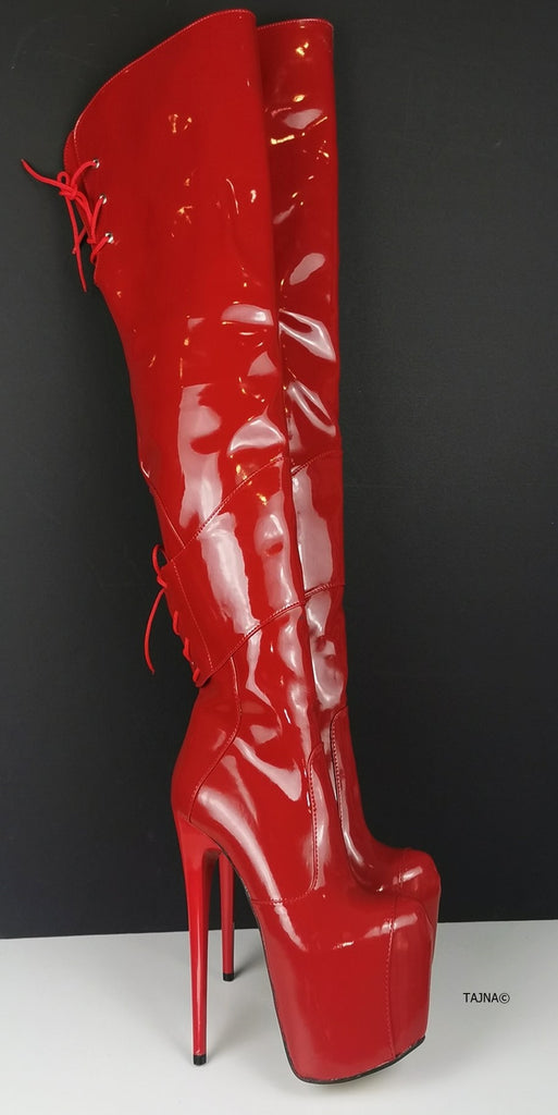 red patent heeled boots