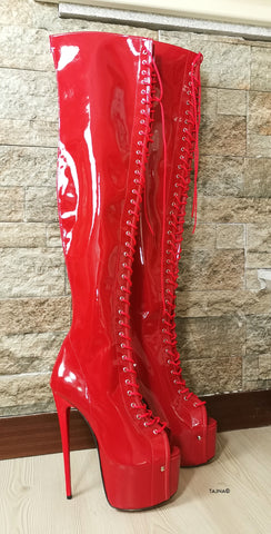 red patent lace up boots