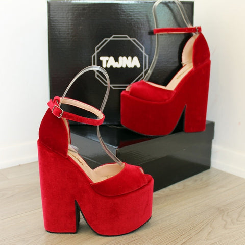 red velvet platform shoes