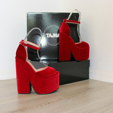 red velvet platform shoes