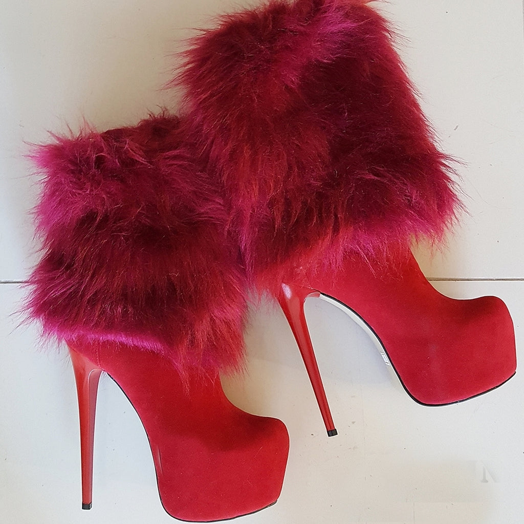 Red Suede Furry Platform Booties 