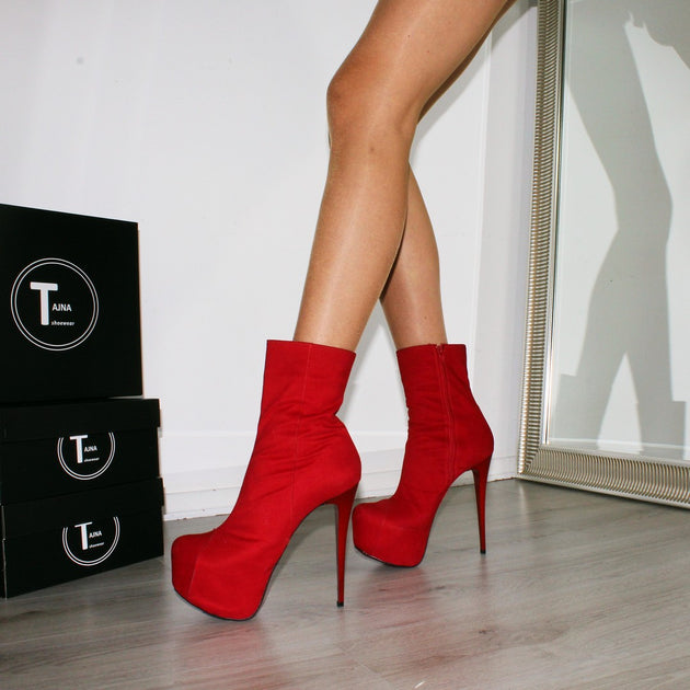 Red Suede High Heel Platform Ankle Boots Tajna Club 