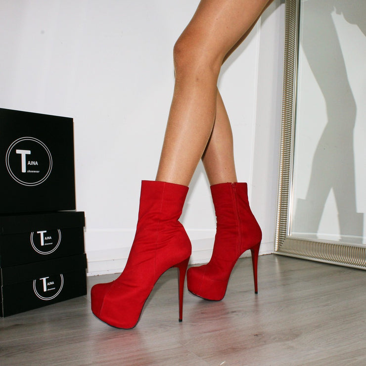 Red Suede High Heel Platform Ankle Boots | Tajna Club