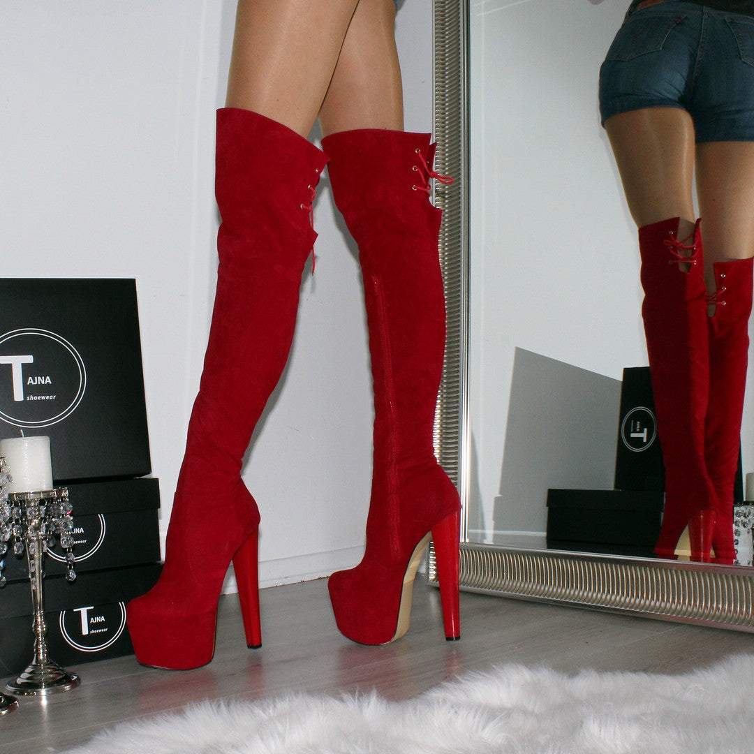 Over the Knee Red Suede Platform Boots | Tajna Club