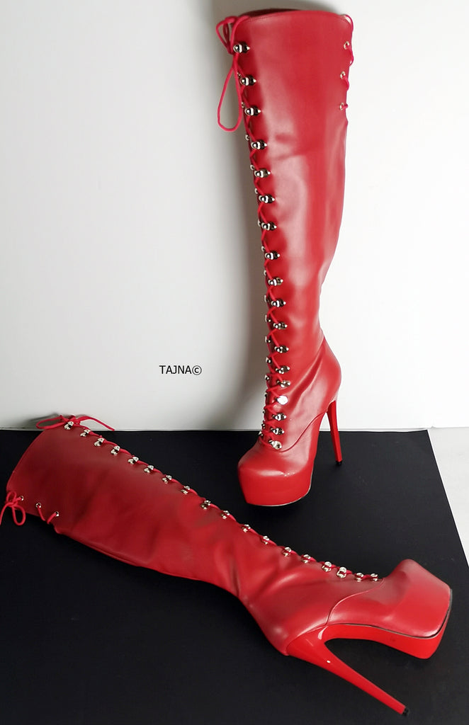 red knee high lace up boots