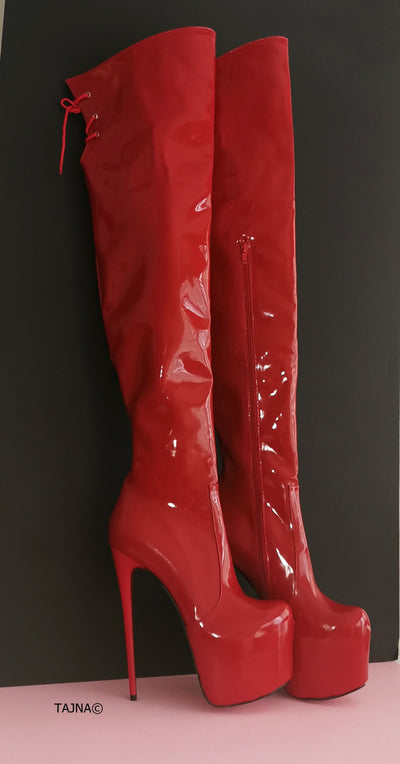 Red Patent Knee High Long Platform Boots – Tajna Club