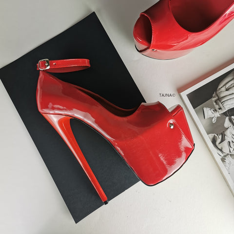 red patent peep toe shoes