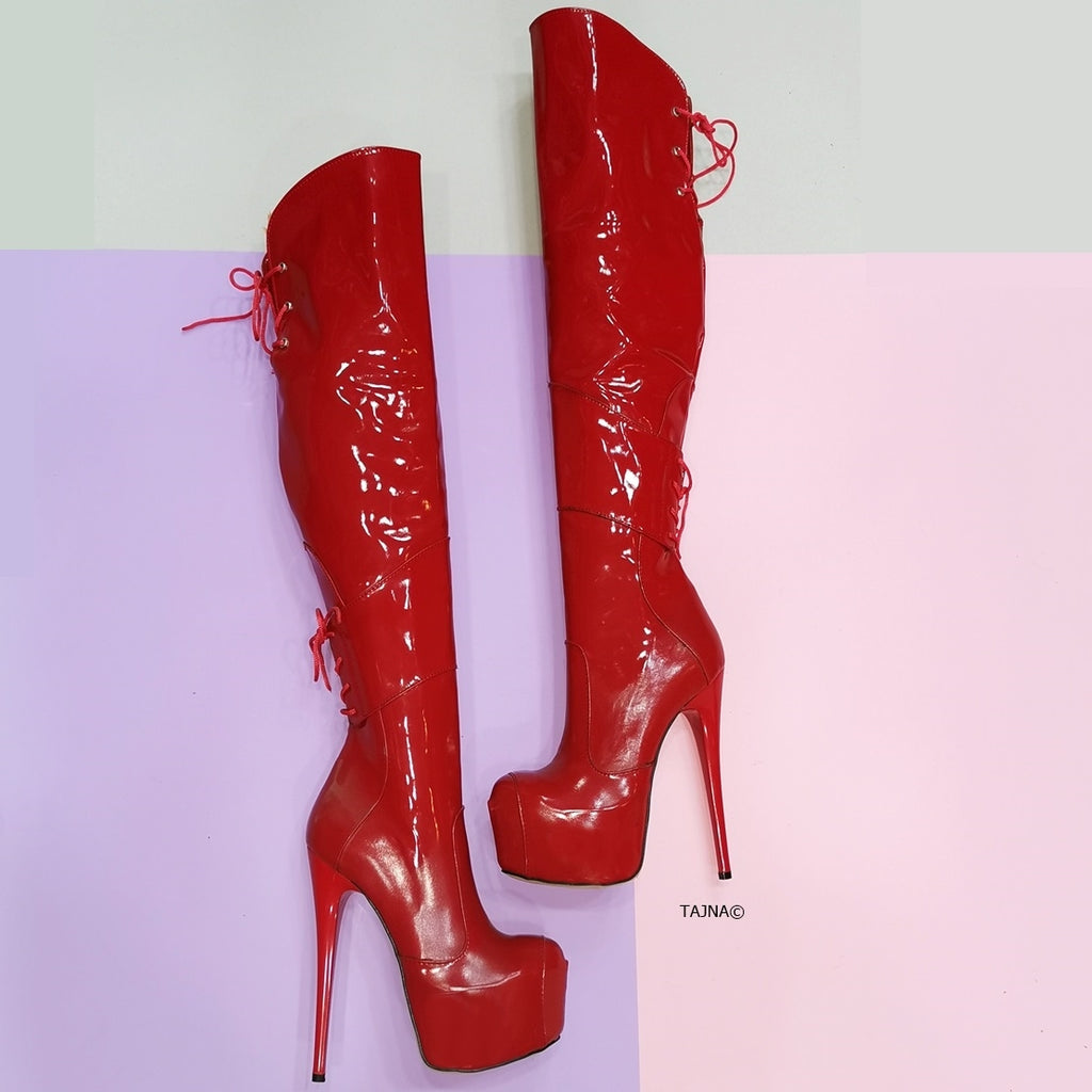 red patent knee high boots