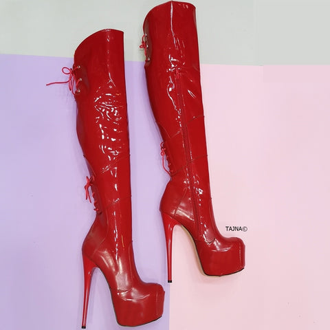 patent high heel boots