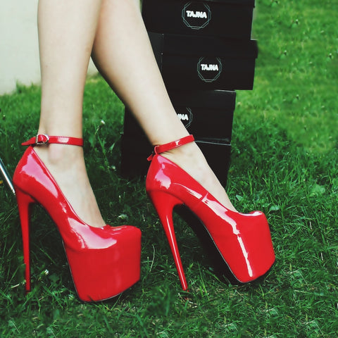 red patent leather platform heels