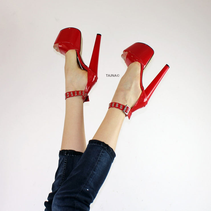 Red Patent Ankle Strap Platform Sandals | Tajna Club