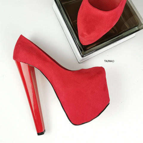 Red Suede Platform Pumps Chunky Heels 