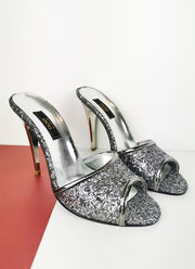 Silver Glitter Touch High Heel Mules | Tajna Club
