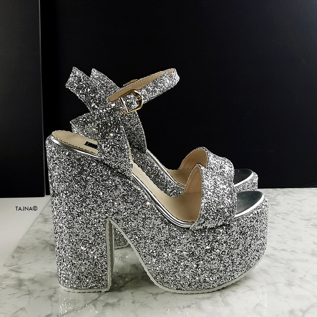 Silver Glass Glitter Platform Wedge Sandals | Tajna Club