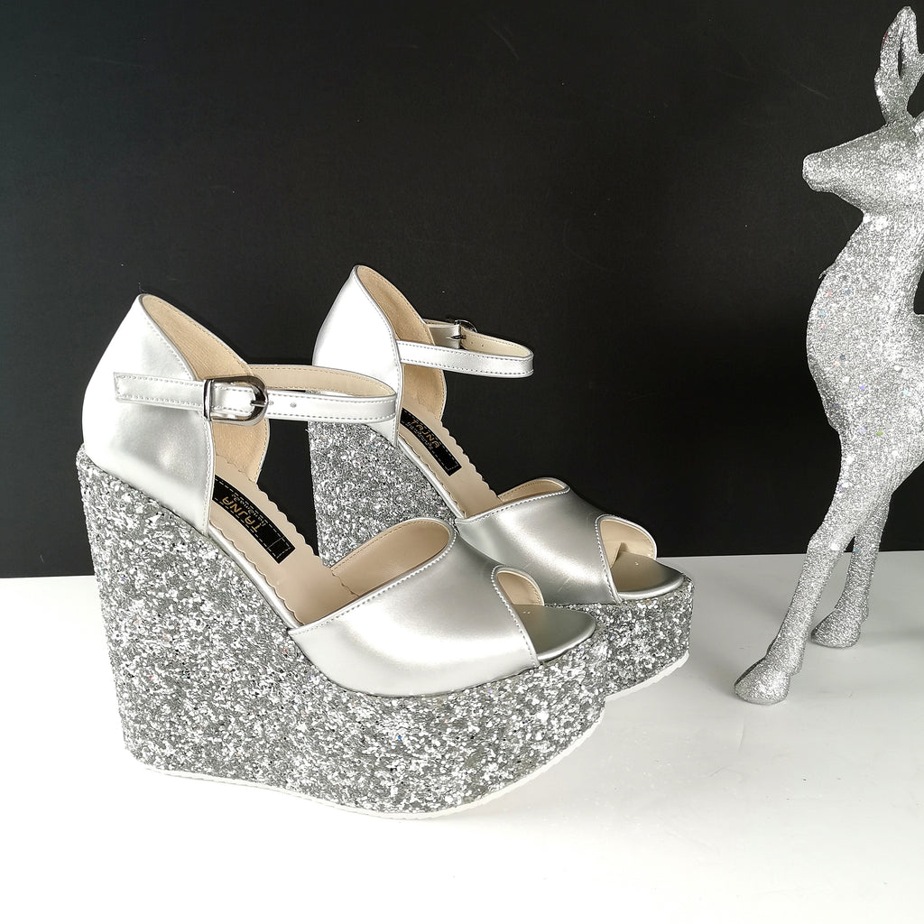 silver glitter platform heels