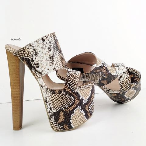 snake print heeled mules