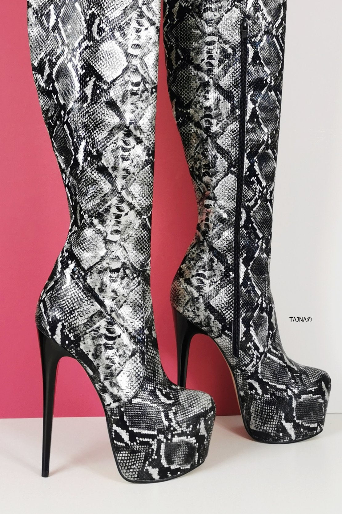 Black White Snake Knee High Boots | Tajna Club