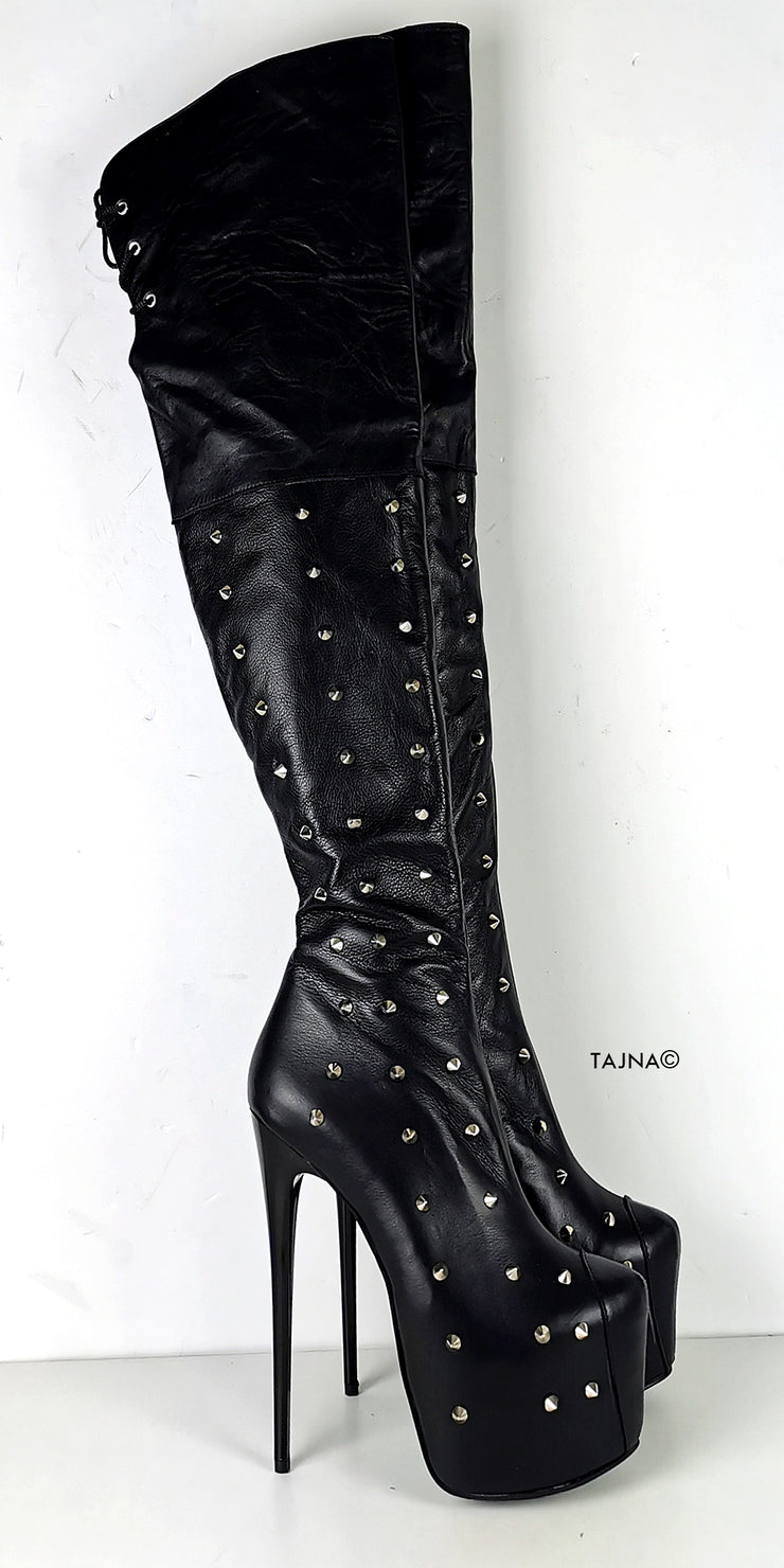 Studded Genuine Leather Black Knee High Boots | Tajna Club