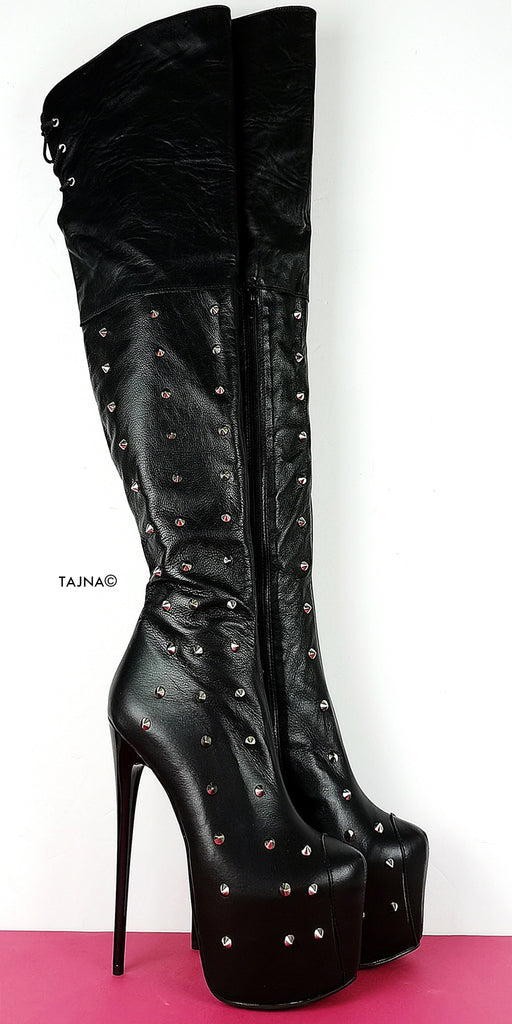 Studded Genuine Leather Black Knee High 