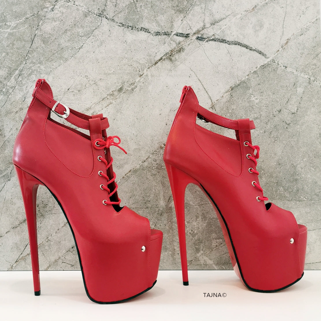 Red Peep Toe Designer Ankle Platforms | Tajna Club