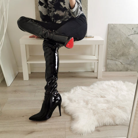 Black Patent Knee High Long Boots – Tajna Club