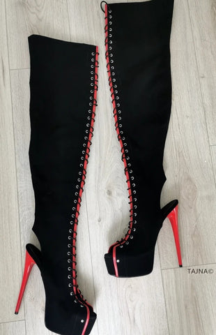 red knee high boots