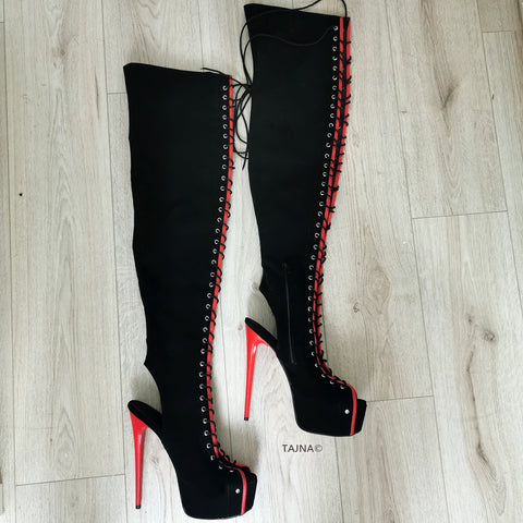 red knee high heel boots
