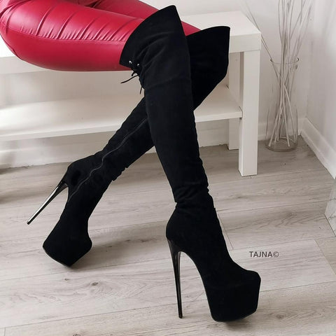 black suede high heel boots