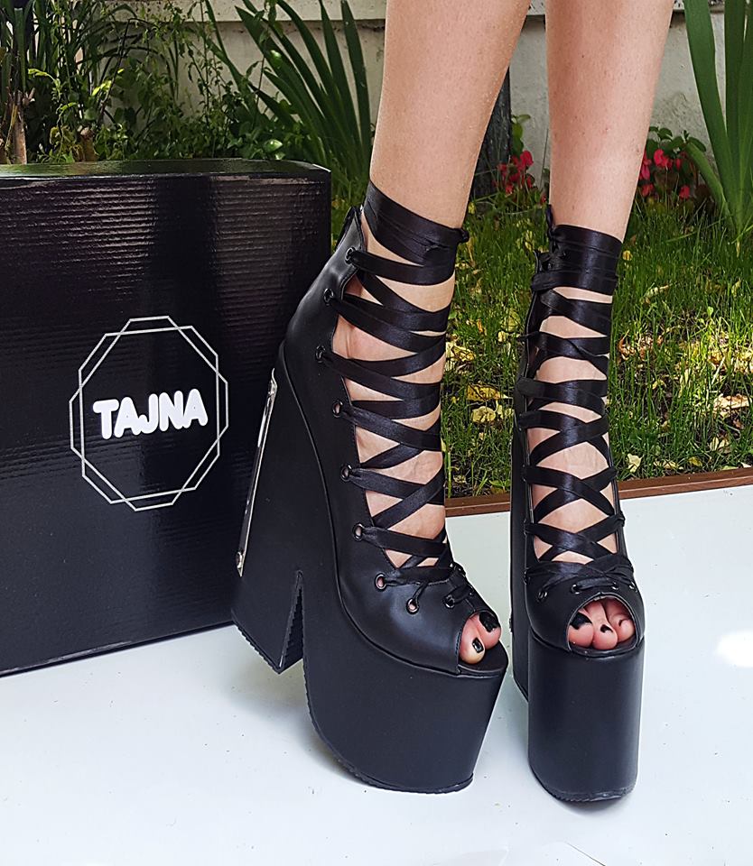 black wedge lace up shoes