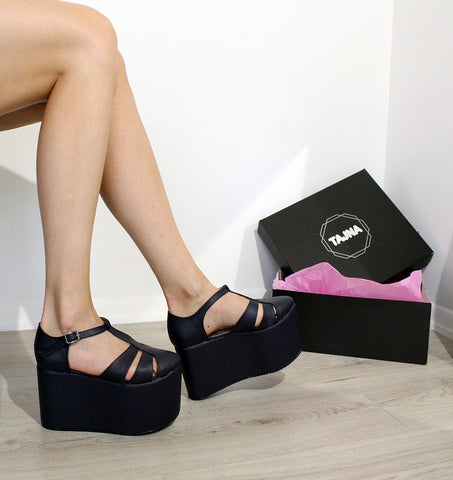 black high heel wedge sandals