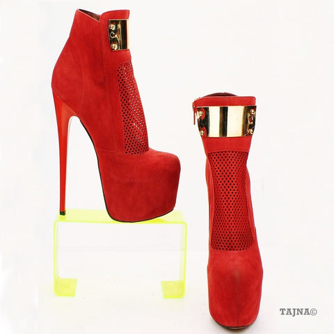 Ankle Red Faux Suede Fishnet High 