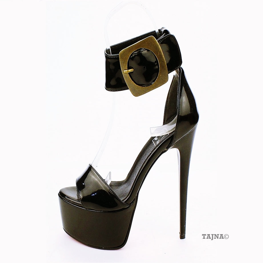 Ankle Strap Big Belted Black Patent Leather Platforms | Tajna Club