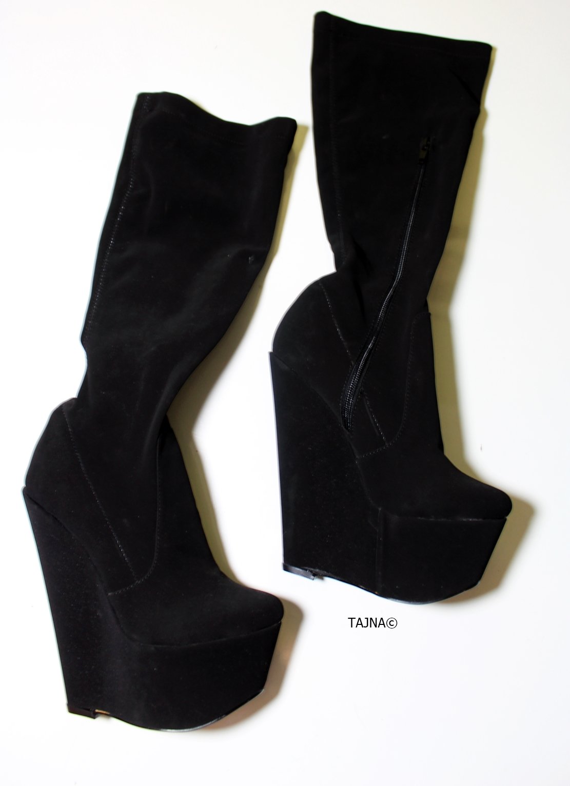 Mid Calf Black Strech Wedge Boots | Tajna Club