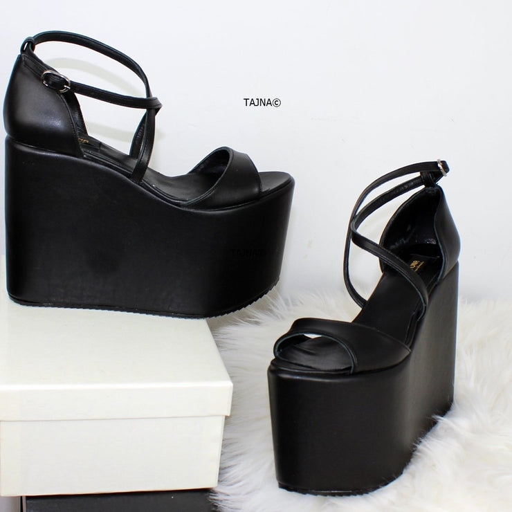 Black Flat-form Ankle Strap Wedges | Tajna Club