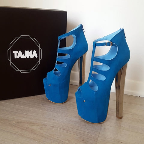 blue suede high heel shoes