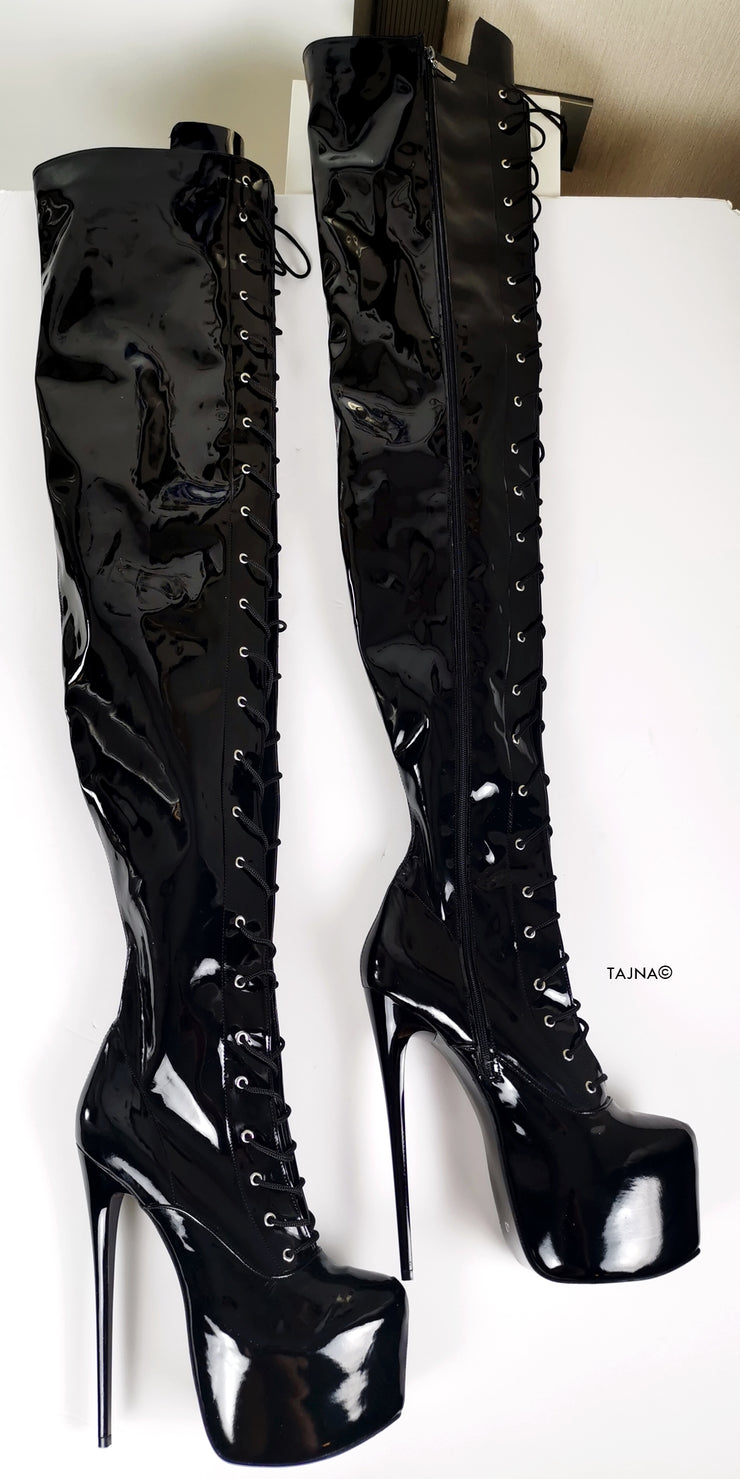 Black Glossy Lace Up Thigh High Boots | Tajna Club
