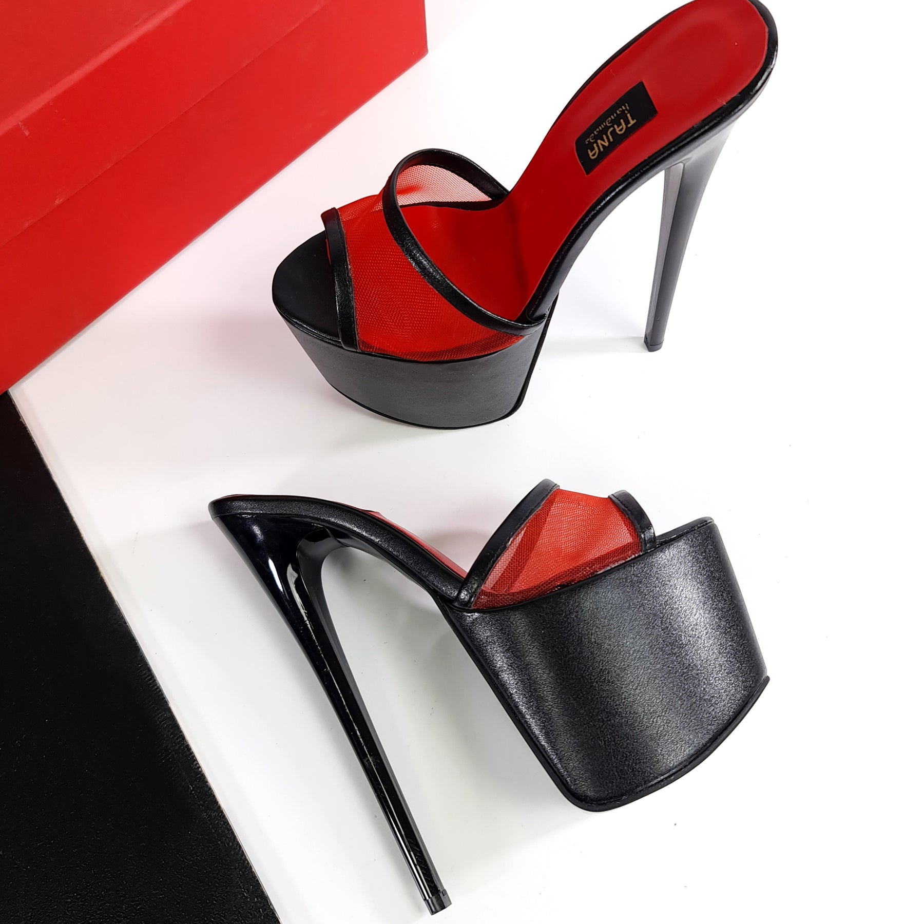 Red Transparent Detail Black High Heel Mules – Tajna Club