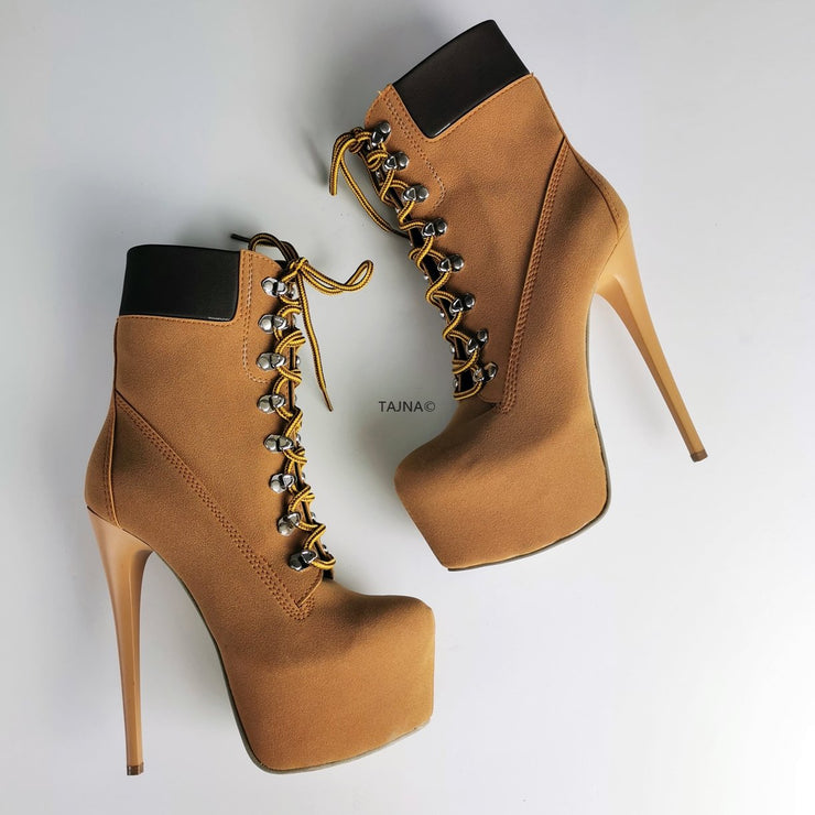 Camel Lace Up Platform Boots | Tajna Club