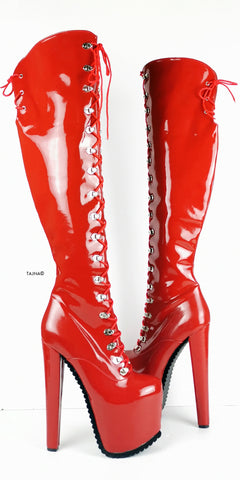 red lace up thigh high boots