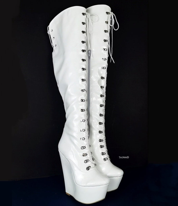 White Wedge Military Style Knee High Boots | Tajna Club