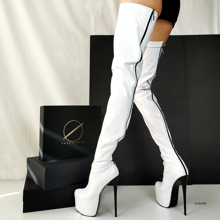 Back Zipper White Gloss Thigh High Boots | Tajna Club