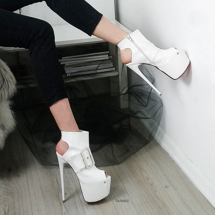 White Patent Belted Ankle Platform | Tajna Club