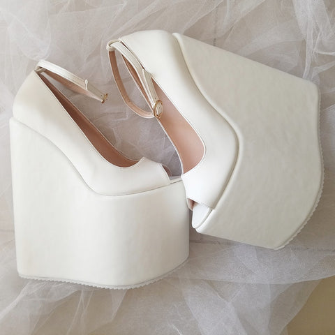 white closed toe wedge