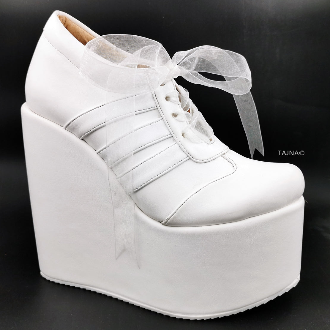 White Lace Up Sport Style Wedge Shoes | Tajna Club