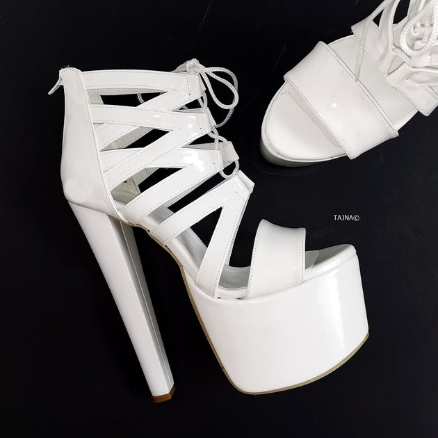 White Patent Gladiator Lace Heels – Tajna Club