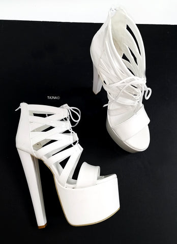 White Patent Gladiator Lace Heels – Tajna Club