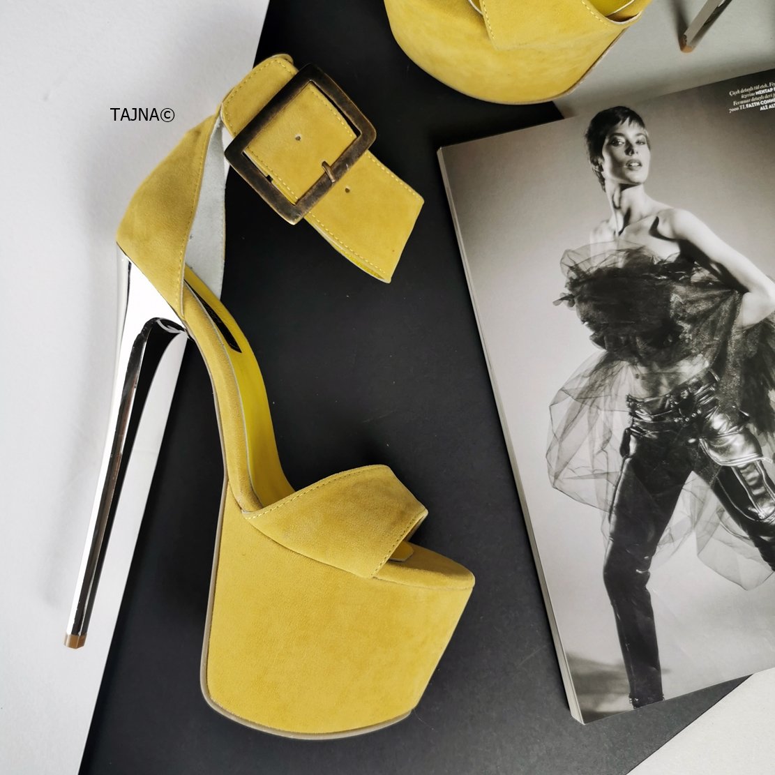 Yellow Suede Big Belted Platform Heels | Tajna Club