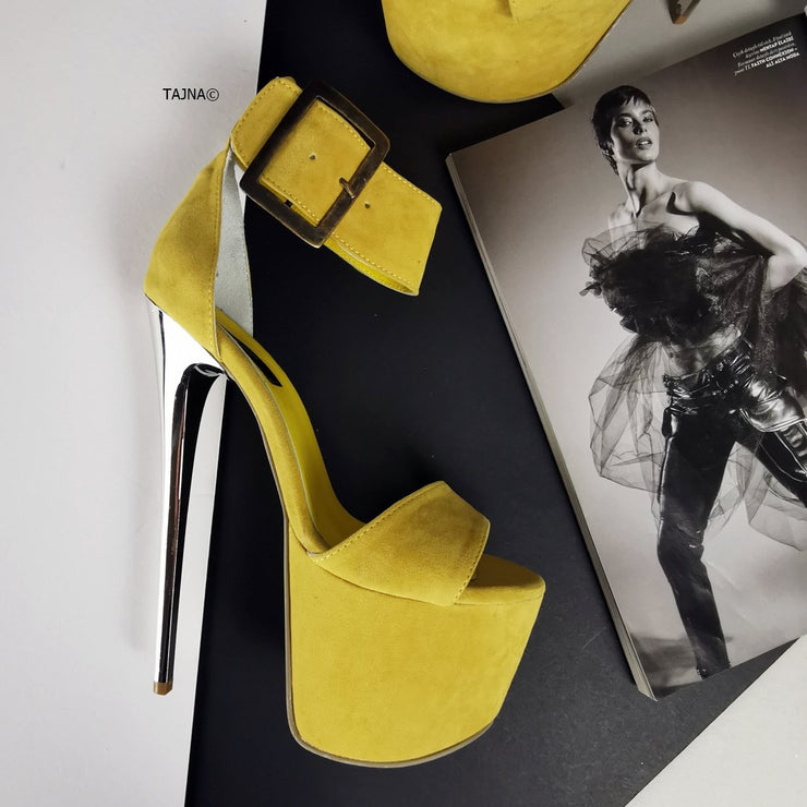 Yellow Suede Big Belted Platform Heels | Tajna Club