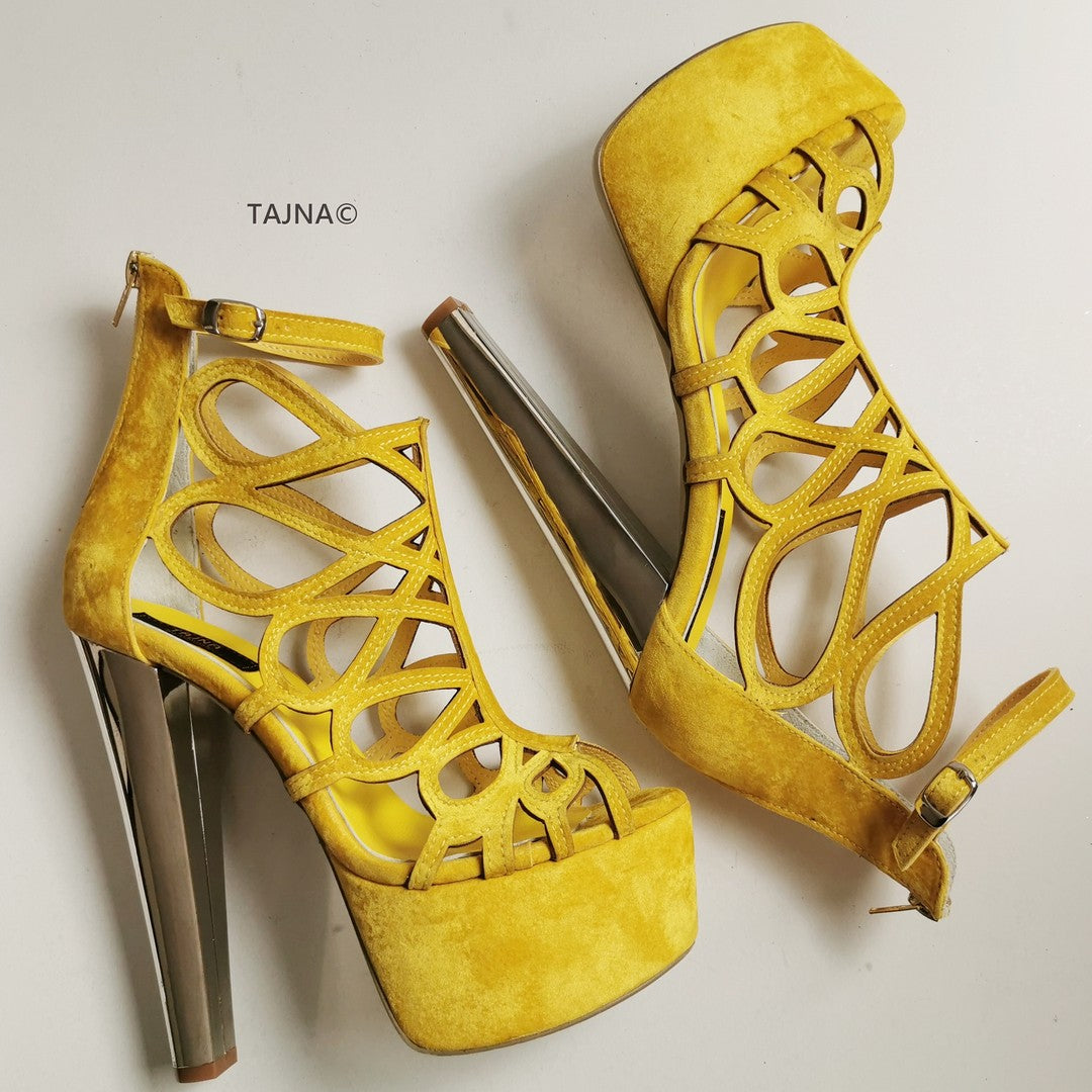 Yellow Laser Cage Ankle Platform Heels | Tajna Club