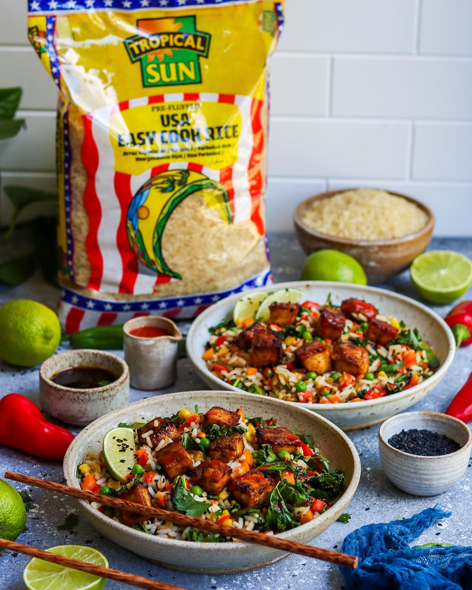 Happy Skin Kitchen Veggie Fried Rice with Crispy Tofu Tropical Sun USA Rice